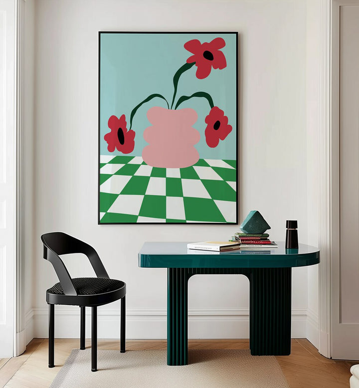 Bold Clay Florals By Miho Art Studio Botanical Art Prints Floral Paintings in Black Plain Frame placed on a Cream Colored Wall near a Table in a Workspace in the Drawing Room