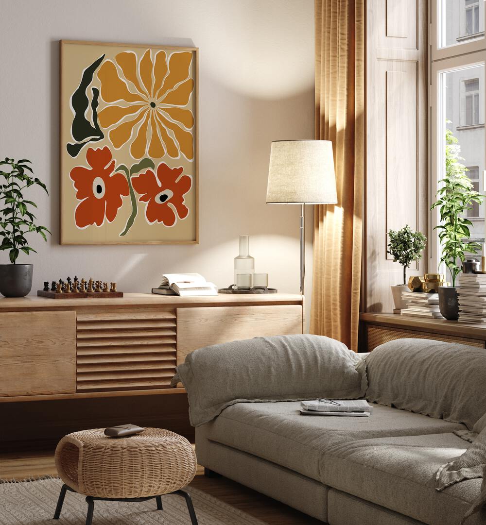 Bold Garden From 70s By Miho Art Studio Botanical Art Prints Floral Paintings in Oak Wood Plain Frame placed on a Cream Colored Wall above a Console Table near a Beige Sofa in the Living Room