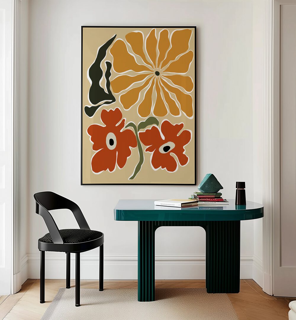 Bold Garden From 70s By Miho Art Studio Botanical Art Prints Floral Paintings in Black Plain Frame placed on a Cream Colored Wall near a Table in a Workspace in the Drawing Room