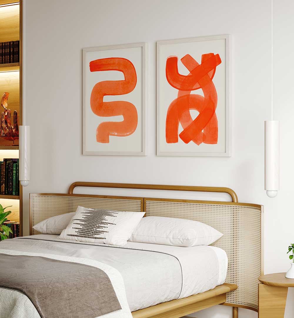 Modern bedroom with abstract orange artwork on the wall
