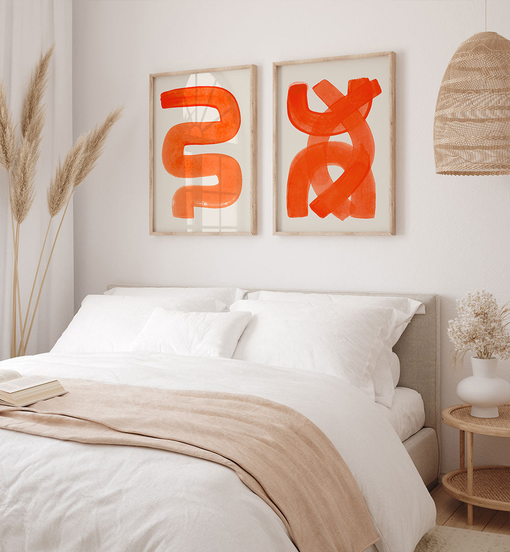 Modern bedroom with abstract orange art on the wall