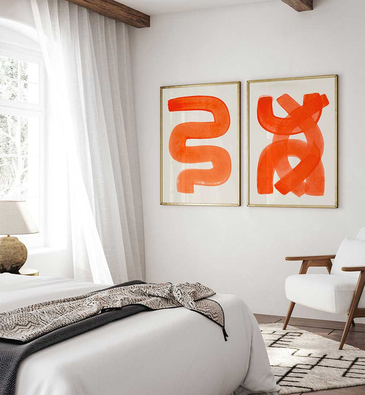 Modern bedroom with abstract orange art on the wall