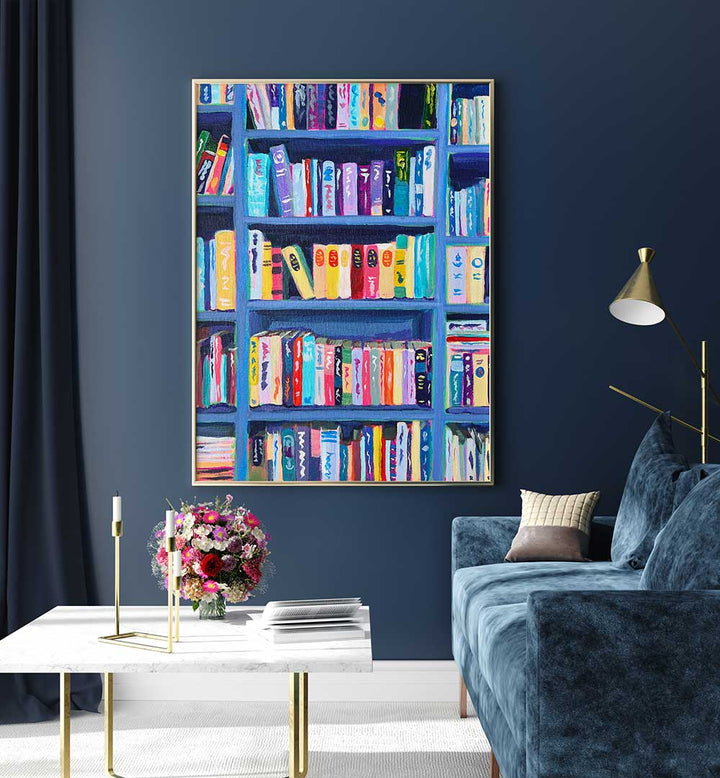 Framed BOOKSHELF AT THE CHÂTEAU , FASHION POSTERS, colorful couture-inspired bookshelf print on navy living room wall