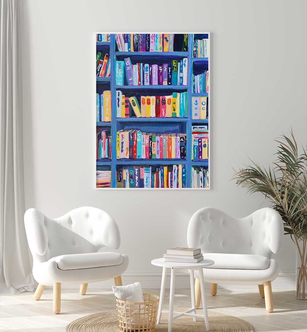 BOOKSHELF AT THE CHÂTEAU , FASHION POSTERS showing colorful bookshelf poster above chairs in modern neutral living room