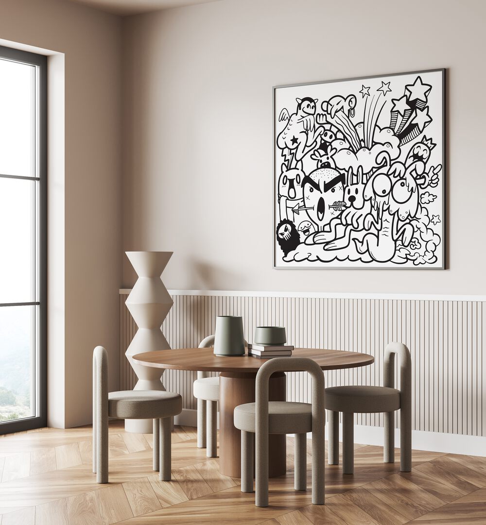 Boom Chaos Doodle Art Painting in Black Plain Frame placed on wall behind a dinning table