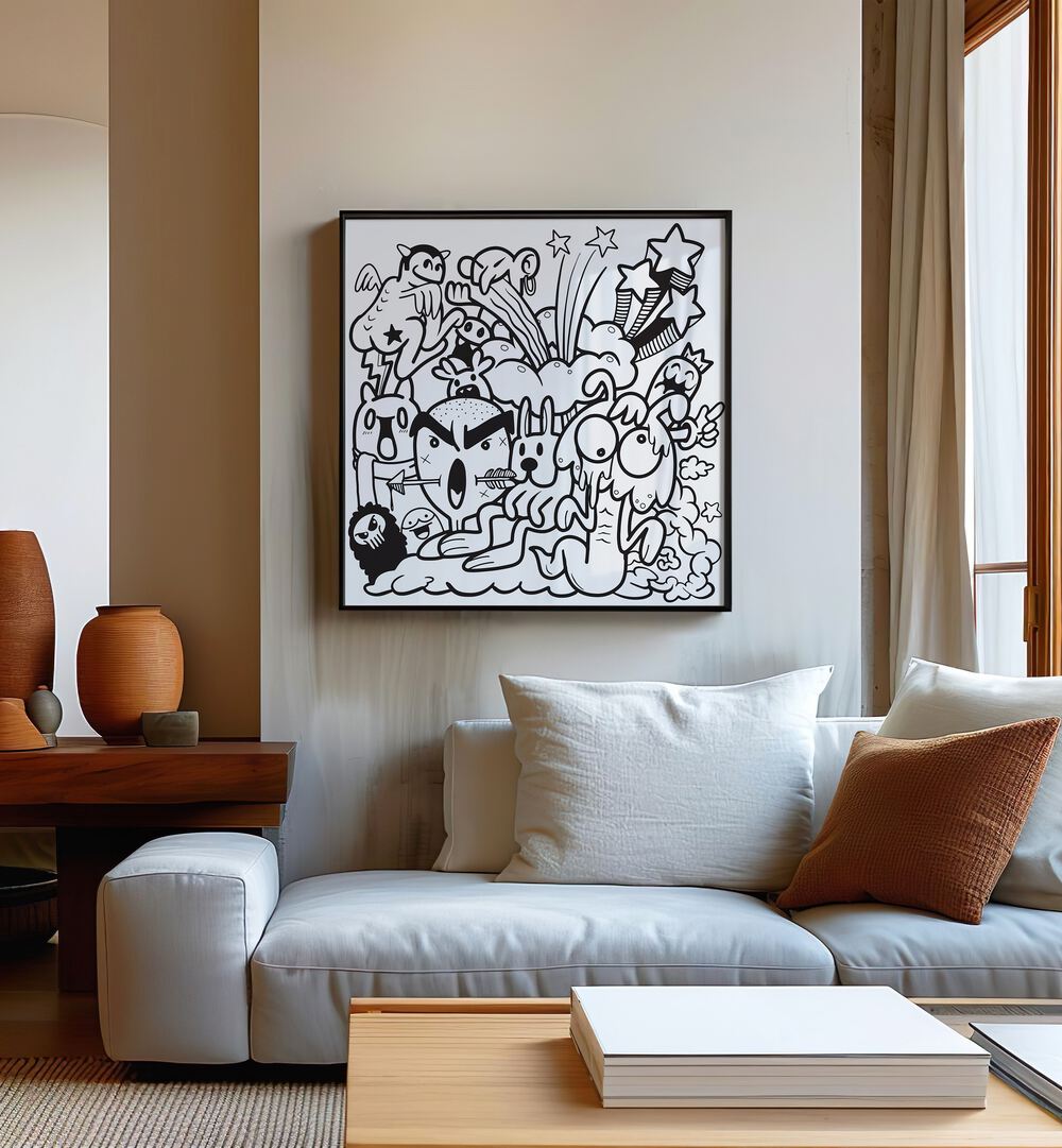 Boom Chaos Doodle Art Painting in Black Plain Frame placed on wall behind a sofa