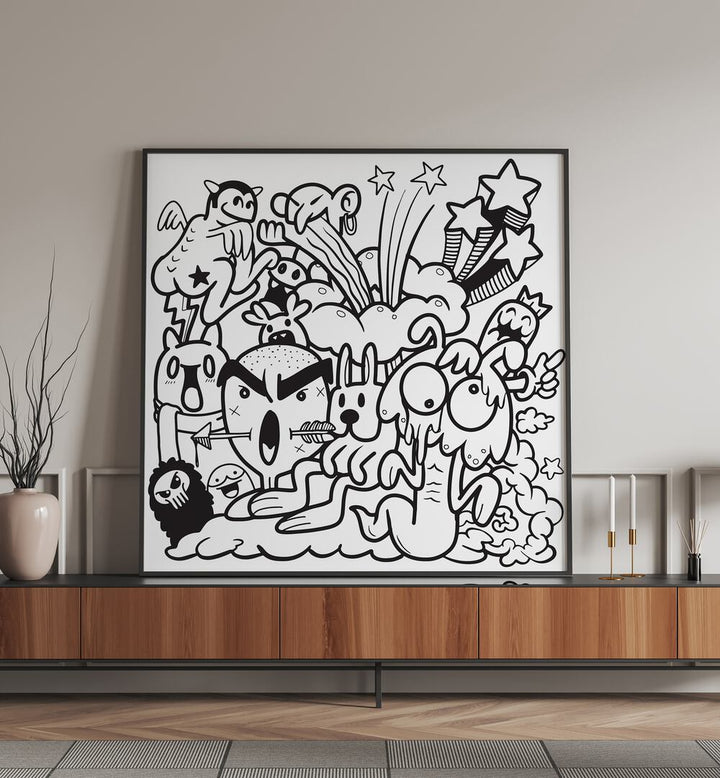 Boom Chaos Doodle Art Painting in Black Plain Frame placed on a black table