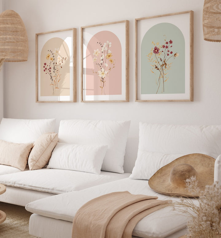 Botanica Set Set Of 3 Paintings in Oak Wood Plain Frame placed on a wall living room wall behind a sofa