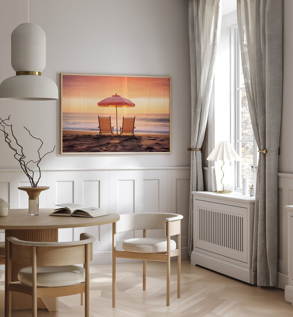 Tranquil beach scene featuring "BOTH FACING THE OCEAN, BEACH PAINTINGS" by Philippe Hugonnard for coastal decor.