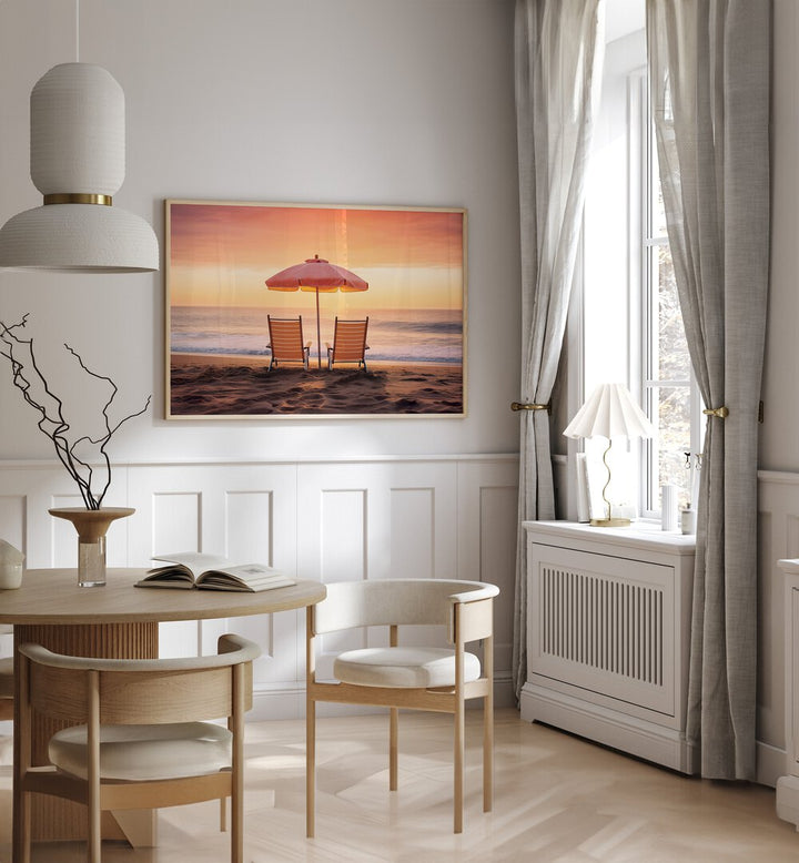 Tranquil beach scene featuring "BOTH FACING THE OCEAN, BEACH PAINTINGS" by Philippe Hugonnard for coastal decor.