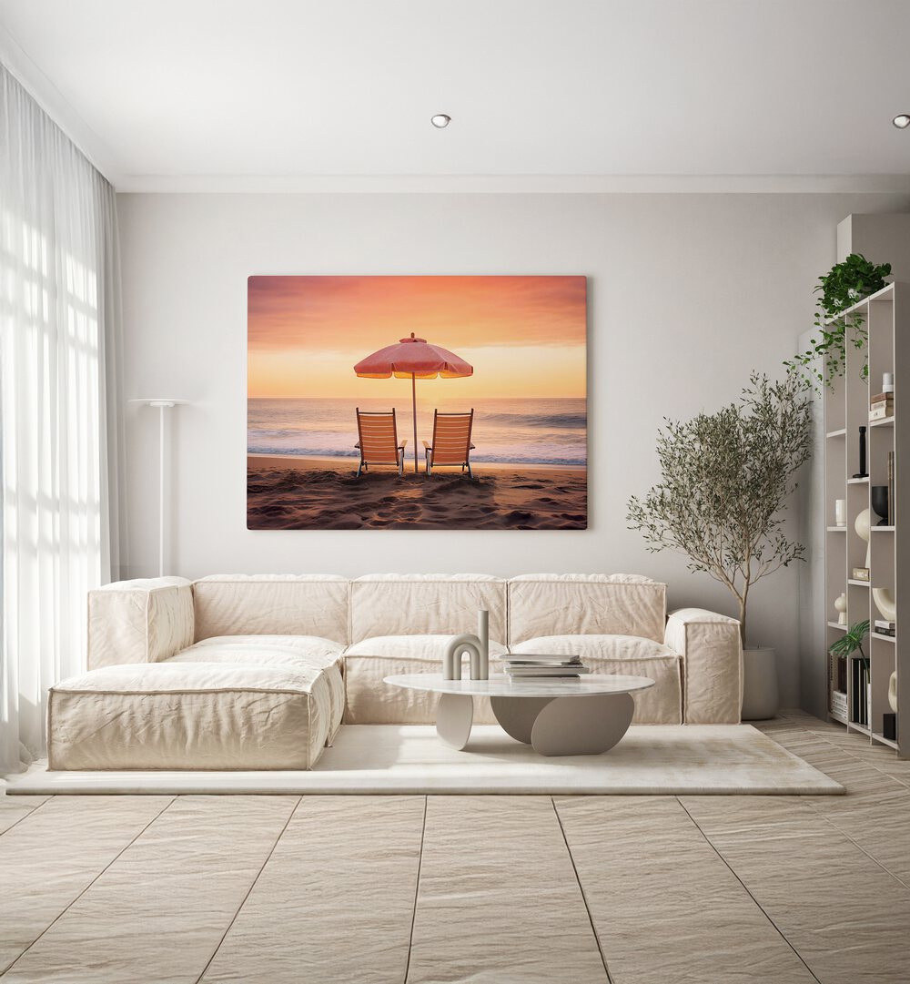 BOTH FACING THE OCEAN, BEACH PAINTINGS capture serene coastal vibes with elegant chairs and a colorful umbrella.