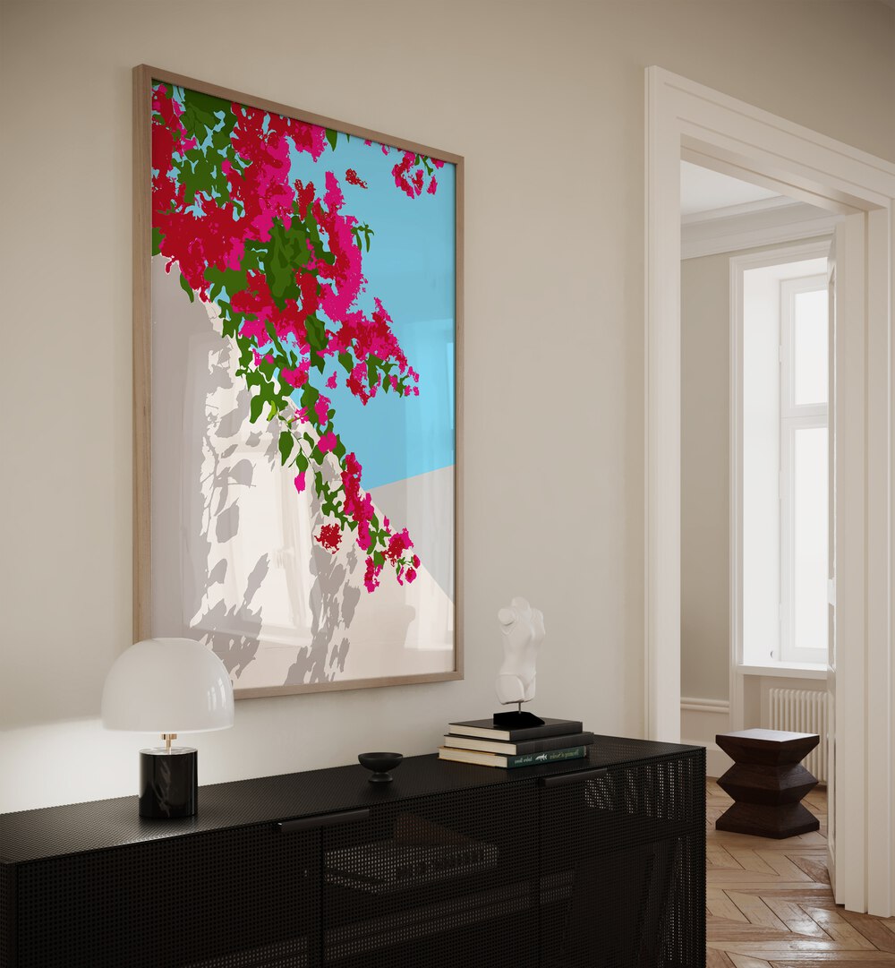 Bougainvillea Blossom By Uma Gokhale Botanical Art Prints in Oak Wood Plain Frame on a white wall above a black console table