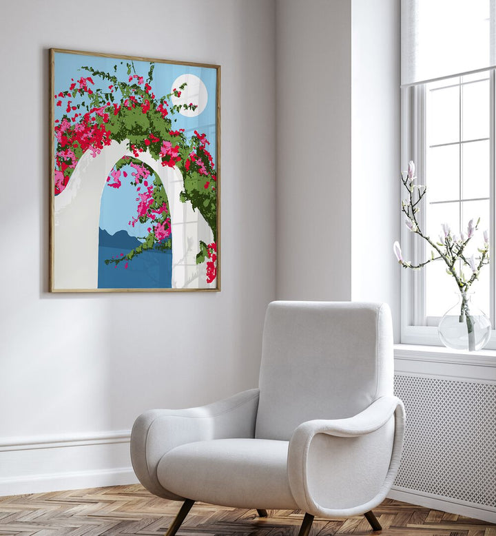 Bougainvillea Villa By Uma Gokhale Botanical Art Prints in Oak Wood Plain Frame on a white wall beside a sofa