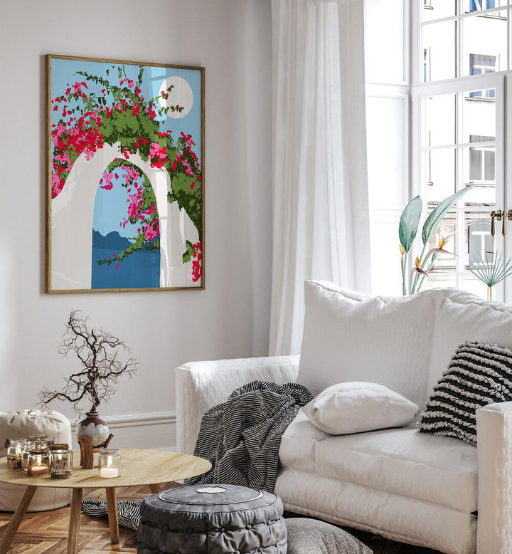 Bougainvillea Villa By Uma Gokhale Botanical Art Prints in Oak Wood Plain Frame on a white wall beside a window for living room