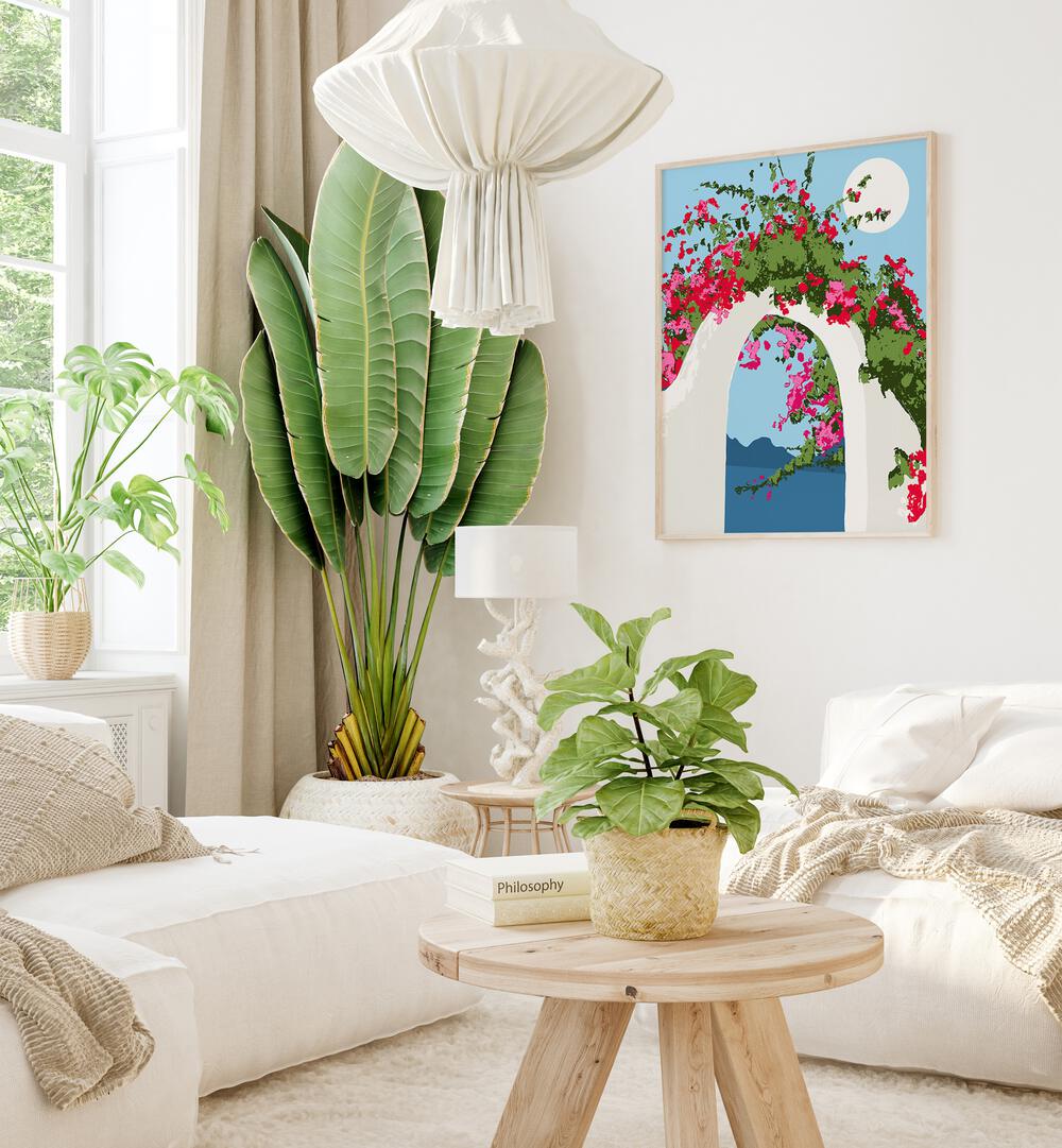 Bougainvillea Villa By Uma Gokhale Botanical Art Prints in Oak Wood Plain Frame on a white wall for living room