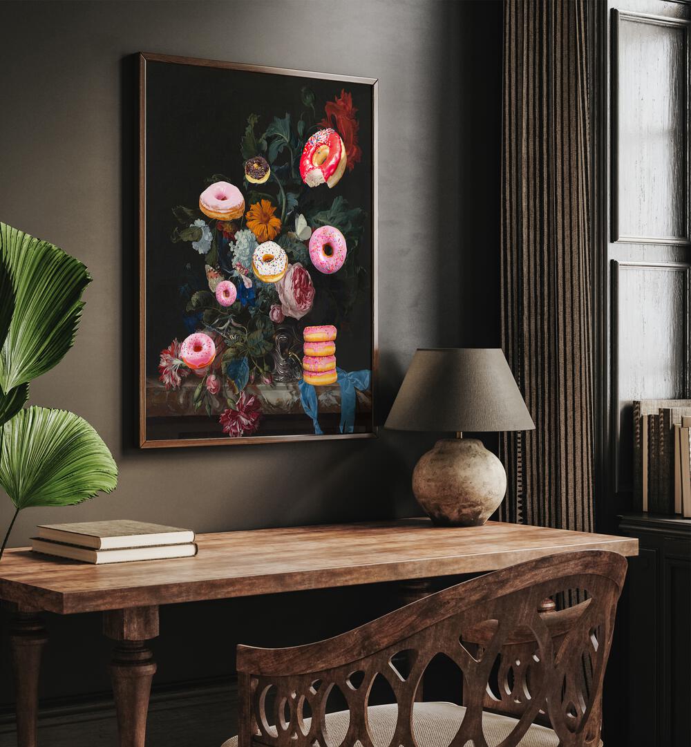 Bouquet of Donuts by the Art Concept Altered Art Prints in Dark Wood Plain Frame placed on a wall above a study table