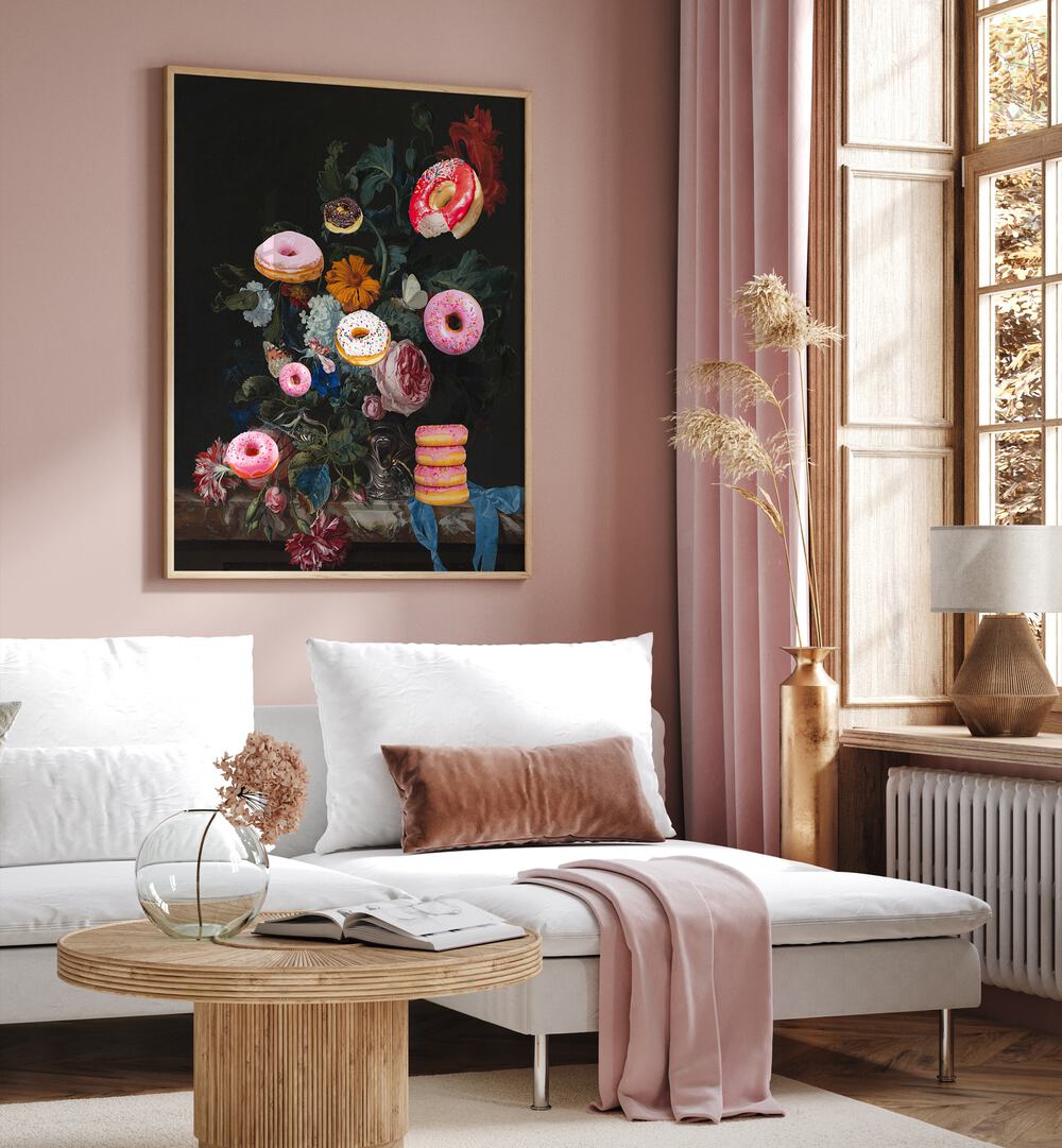 Bouquet of Donuts by the Art Concept Altered Art Prints in Oak Wood Plain Frame placed on a wall behind a sofa