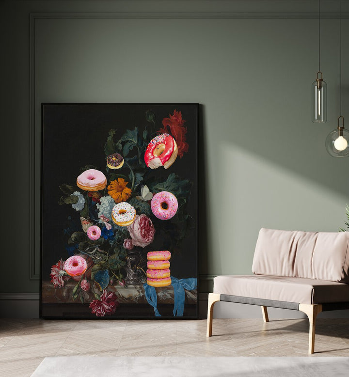 Bouquet of Donuts by the Art Concept Altered Art Prints in Black Plain Frame placed on the floor beside a sofa