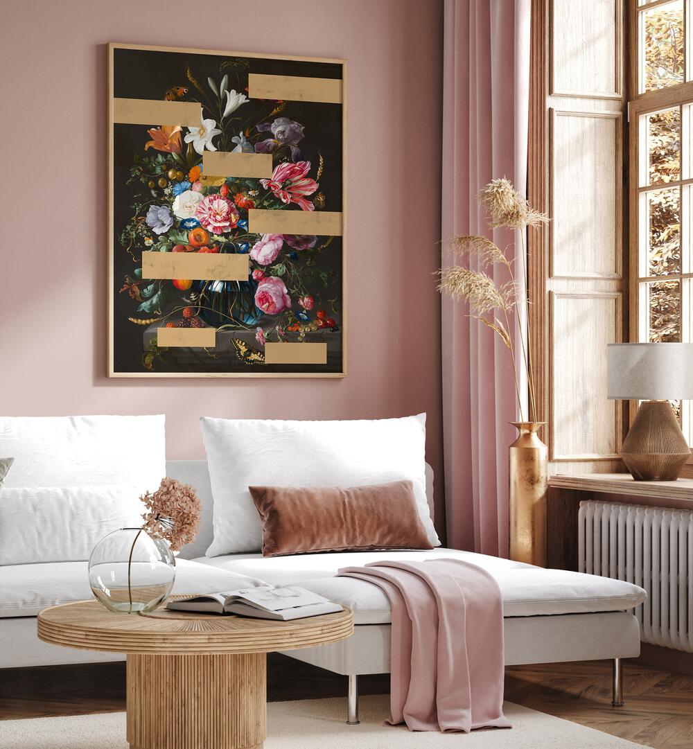 Bouquet of Vintage Oil Painting Flowers by the Art Concept Altered Art Prints in Oak Wood Plain Frame placed on a wall behind a sofa