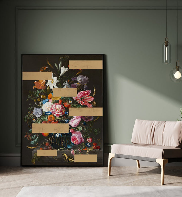 Bouquet of Vintage Oil Painting Flowers by the Art Concept Altered Art Prints in Black Plain Frame placed on the floor beside a sofa