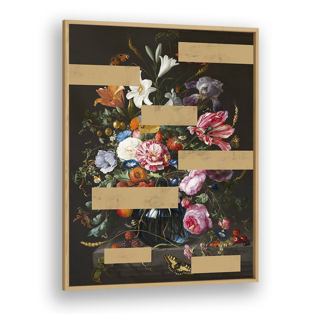 Bouquet of Vintage Oil Painting Flowers by the Art Concept Altered Art Prints in Oak Wood Plain Frame