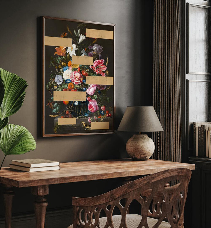 Bouquet of Vintage Oil Painting Flowers by the Art Concept Altered Art Prints in Dark Wood Plain Frame placed on a wall above a study table