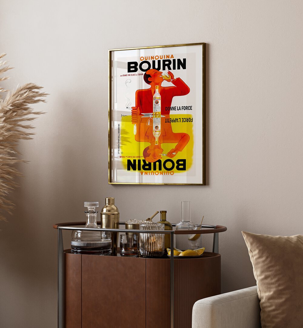 Bourin Cafe Art Prints Cafe Posters in Gold Plain Frame placed on a wall behind a table