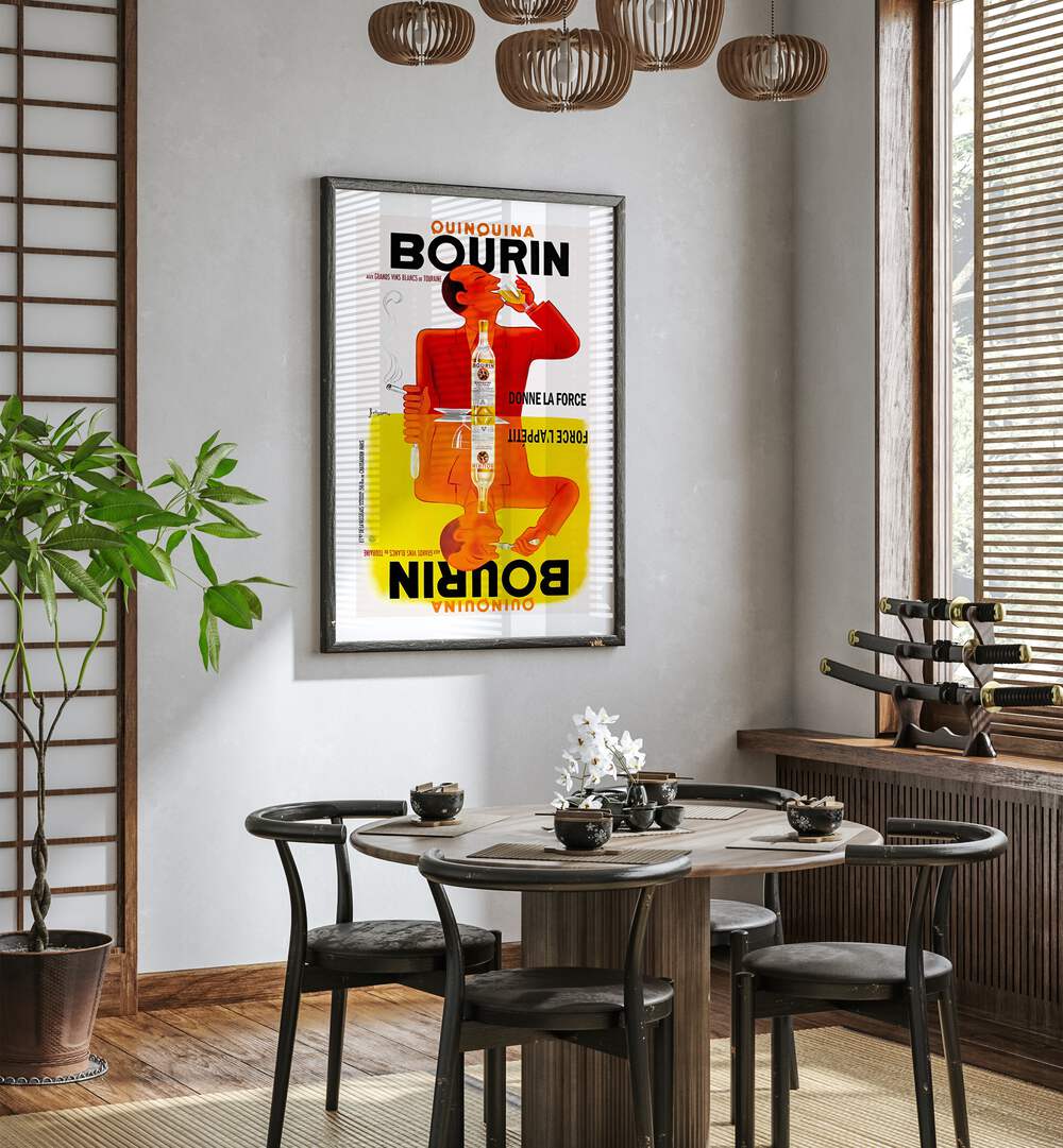 Bourin Cafe Art Prints Cafe Posters in Black Plain Frame placed on a wall in a dining room area beside a window and behind a dining table