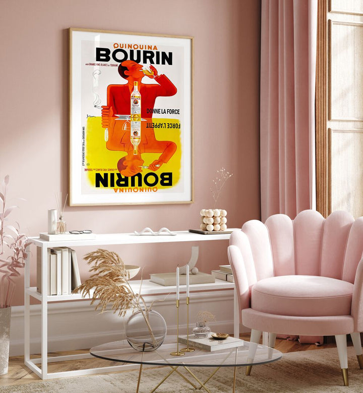 Bourin Cafe Art Prints Cafe Posters in Oak Wood Plain Frame placed on a wall behind a table