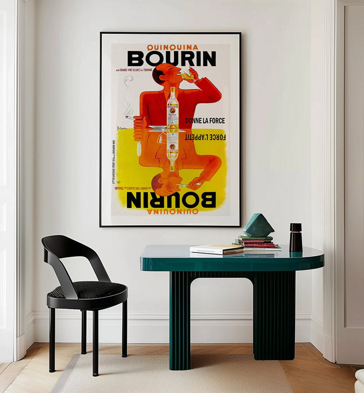 Bourin Cafe Art Prints Cafe Posters in Black Plain Frame placed on a wall behind a study table