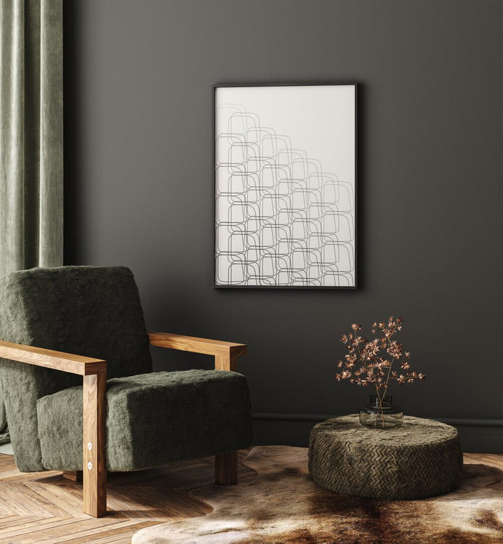 Box In Box By Grishma Korjani Line Art Prints in Black Plain Frame placed on a Dark Grey Colored Wall in the Drawing Room