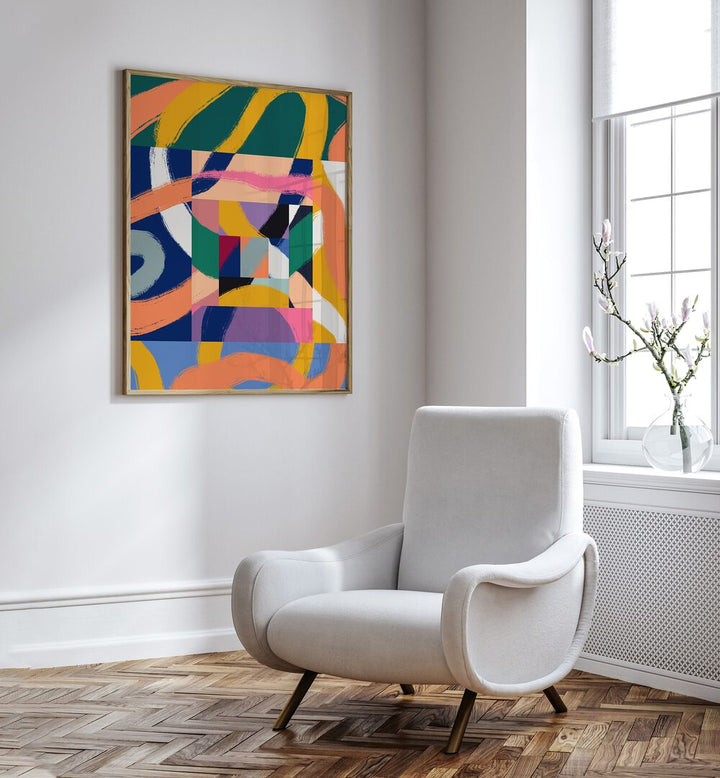 Boxes Of Ribbons By Little Dean Abstract Art Abstract Paintings in Oak Wood Plain Frame placed on a White Colored Wall in the Drawing Room