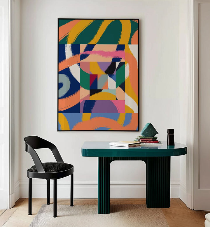 Boxes Of Ribbons By Little Dean Abstract Art Abstract Paintings in Black Plain Frame placed on a Cream Colored Wall near a Workspace Table in the Drawing Room