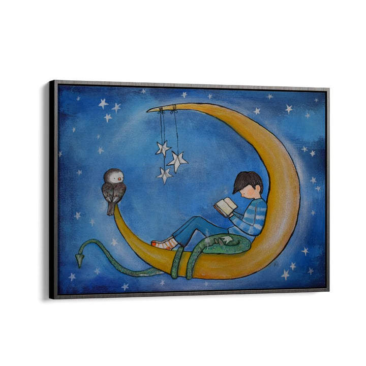 Boyreading On Moon  Kids Paintings in Black Floater Frame