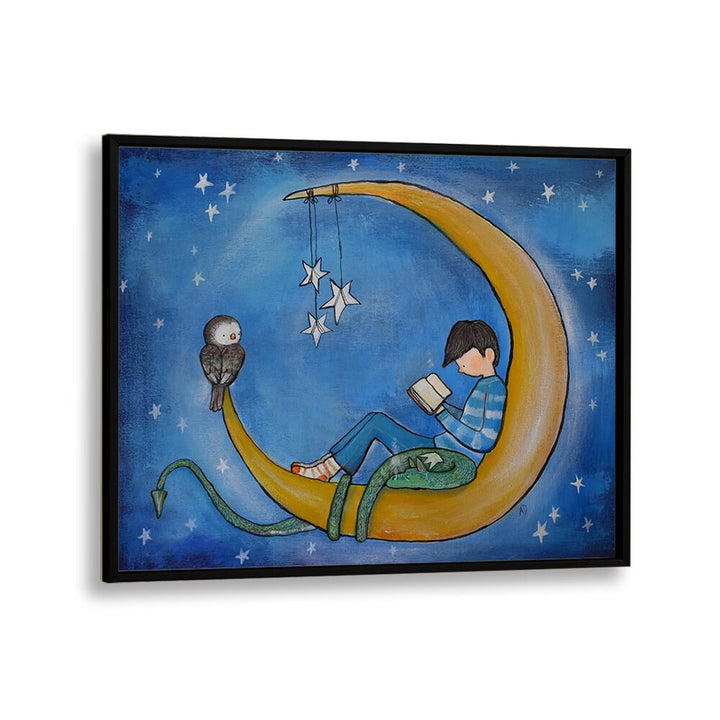 Boyreading On Moon  Kids Paintings in Black Plain Frame