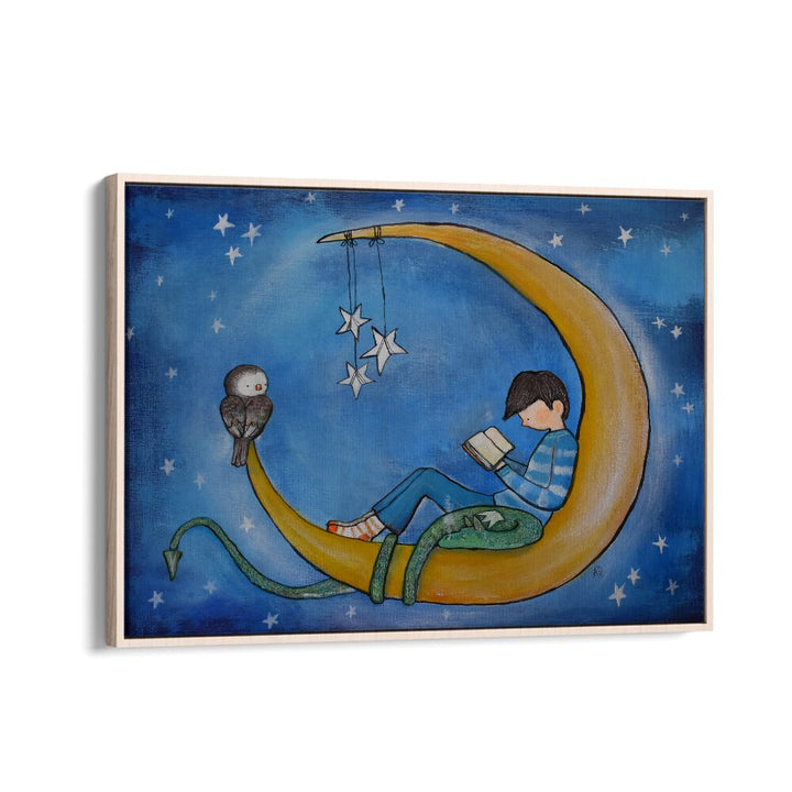 Boyreading On Moon  Kids Paintings in Oak Wood Floater Frame