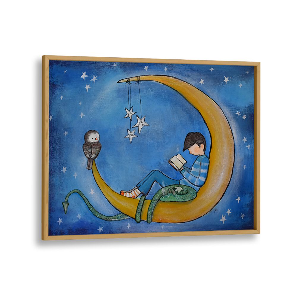 Boyreading On Moon  Kids Paintings in Oak Wood Plain Frame