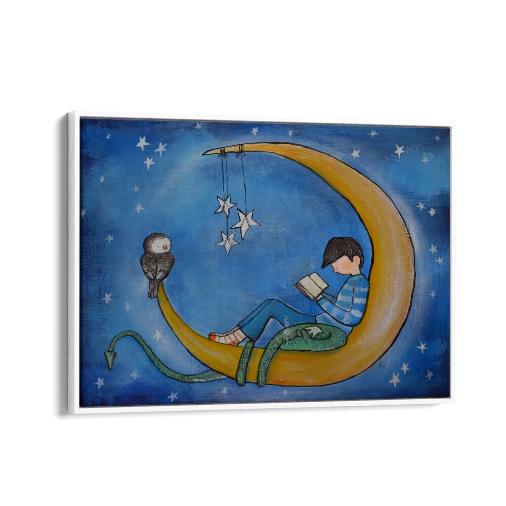 Boyreading On Moon  Kids Paintings in White Floater Frame