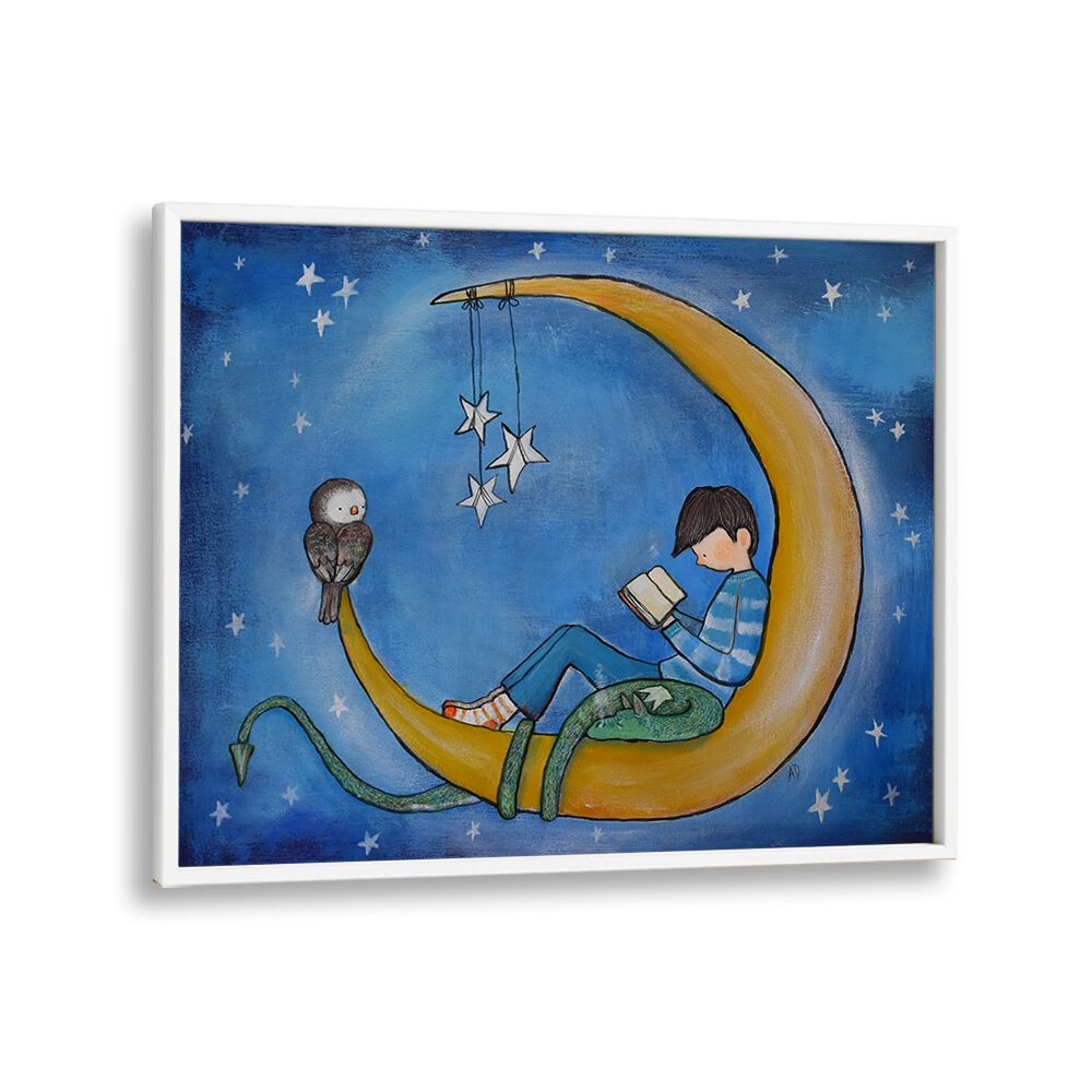 Boyreading On Moon  Kids Paintings in White Plain Frame