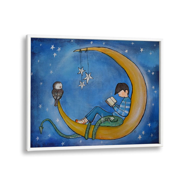 Boyreading On Moon  Kids Paintings in White Plain Frame