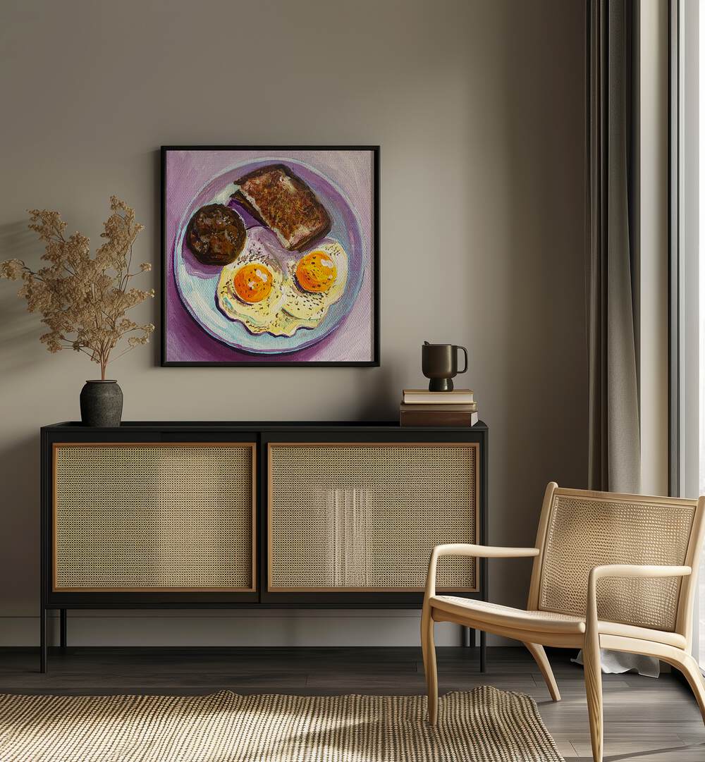 Breakfast By Key And Sea Creative Bar and Cafe Art in Black Plain Frame on a cream wall above a console table