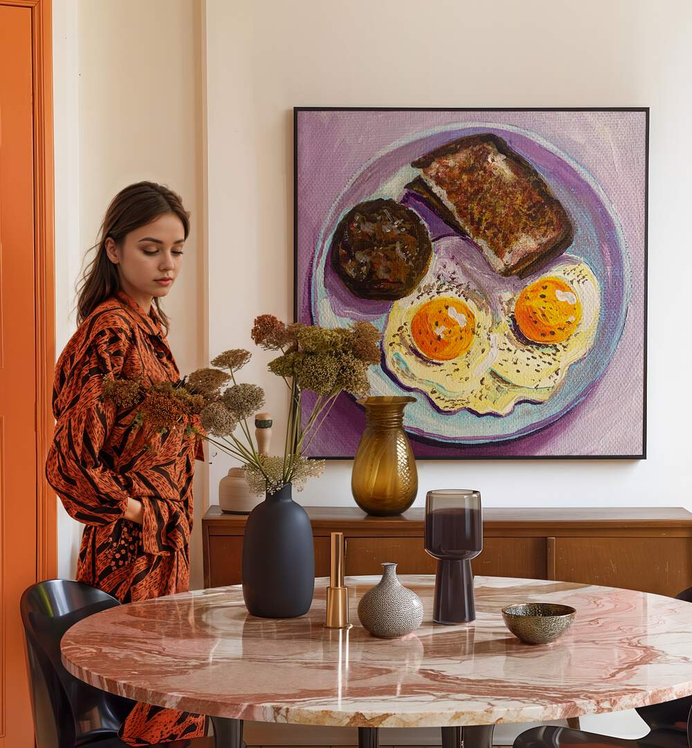 Breakfast By Key And Sea Creative Bar and Cafe Art in Black Plain Frame on a white wall above a console table