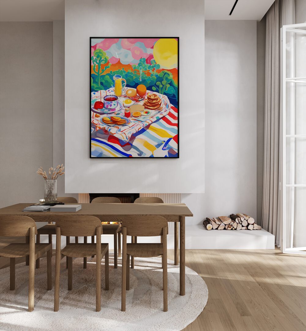 Breakfast Picnic By Uma Gokhale Kitchen Paintings in Black Plain Frame