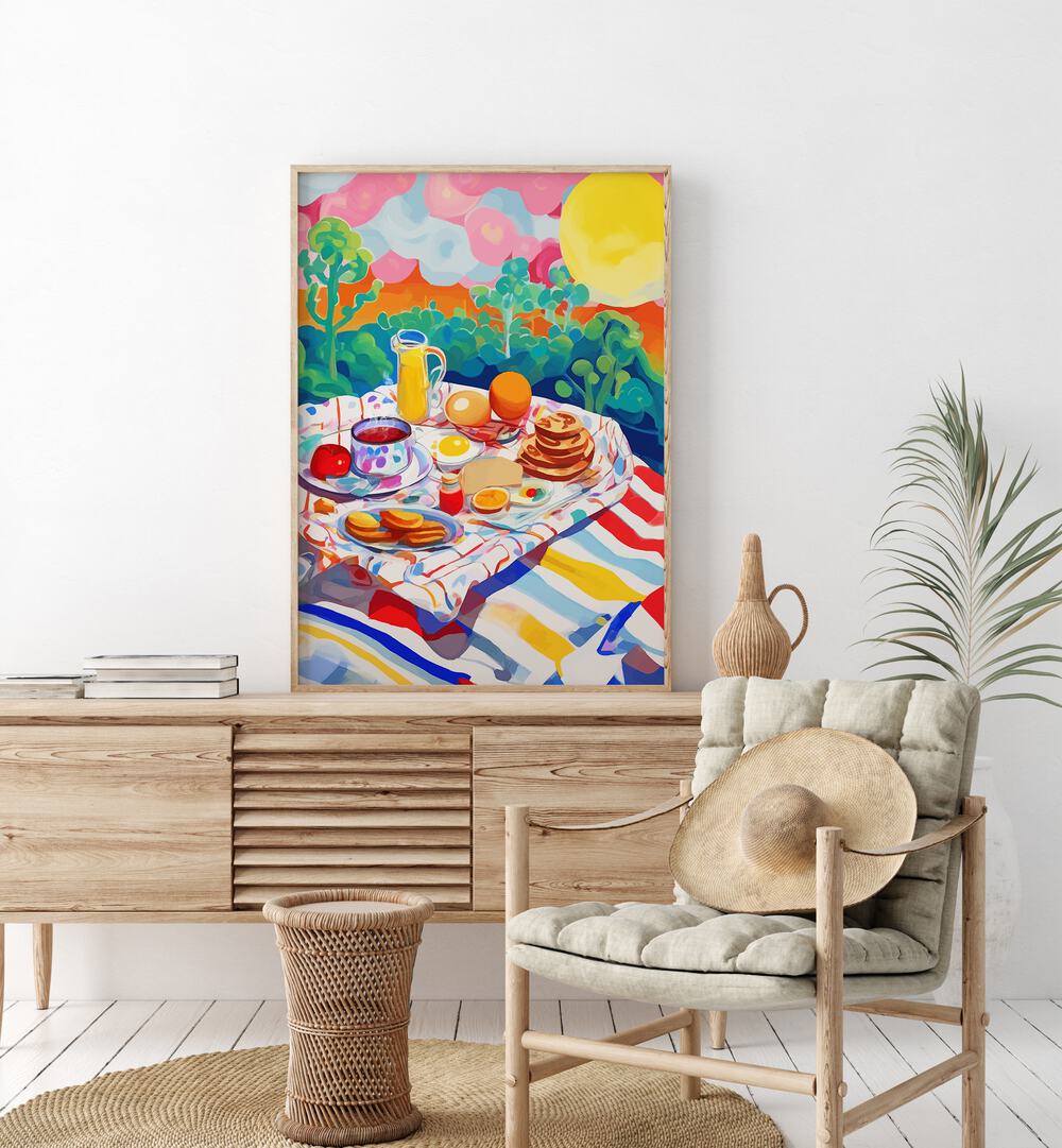 Breakfast Picnic By Uma Gokhale Kitchen Paintings in Oak Wood Plain Frame on a console table beside a plant