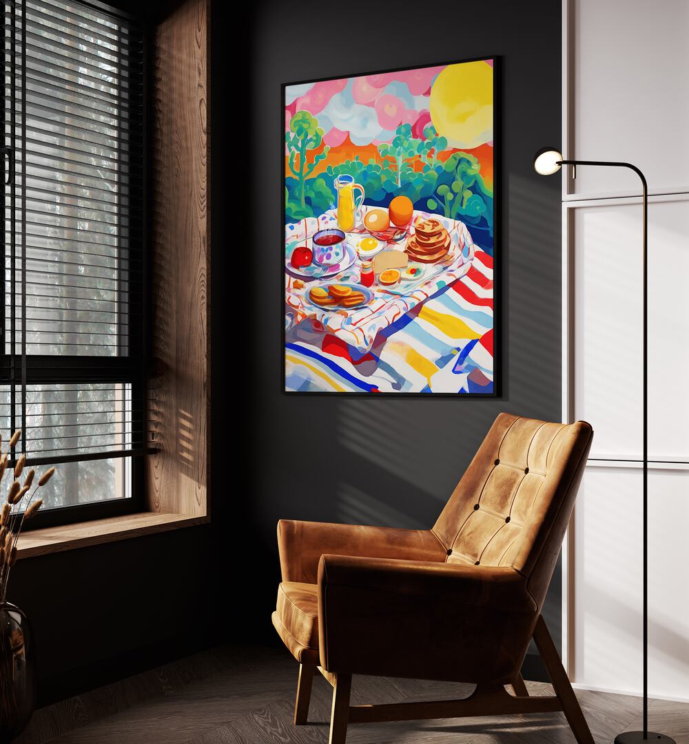 Breakfast Picnic By Uma Gokhale Kitchen Paintings in Black Plain Frame on a wall beside a window