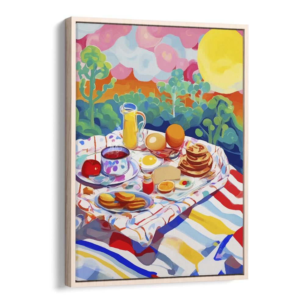 Breakfast Picnic By Uma Gokhale Kitchen Paintings in Oak Wood Floater Frame