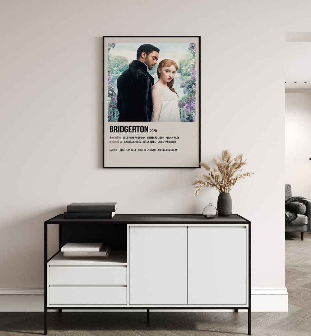 Bridgerton 2020 Movie Posters in Black Plain Frame hanging on wall above console table