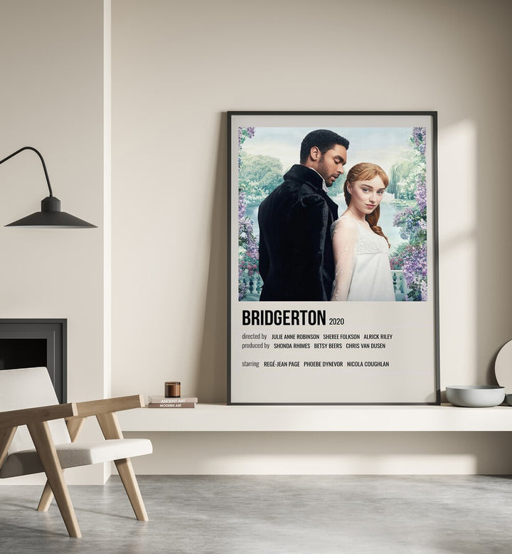 Bridgerton 2020 Movie Posters in Black Plain Frame place on a wall behind a chair beside lamp