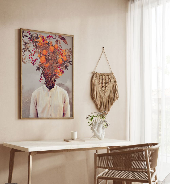 Bright Bloom By Frank Moth Surreal Art Prints Surrealism in Oak Wood Plain Frame placed on a wall behind a table