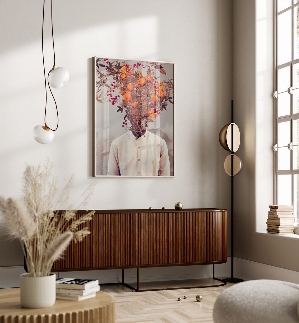 Bright Bloom By Frank Moth Surreal Art Prints Surrealism in Oak Wood Plain Frame placed on a wall behind a console table